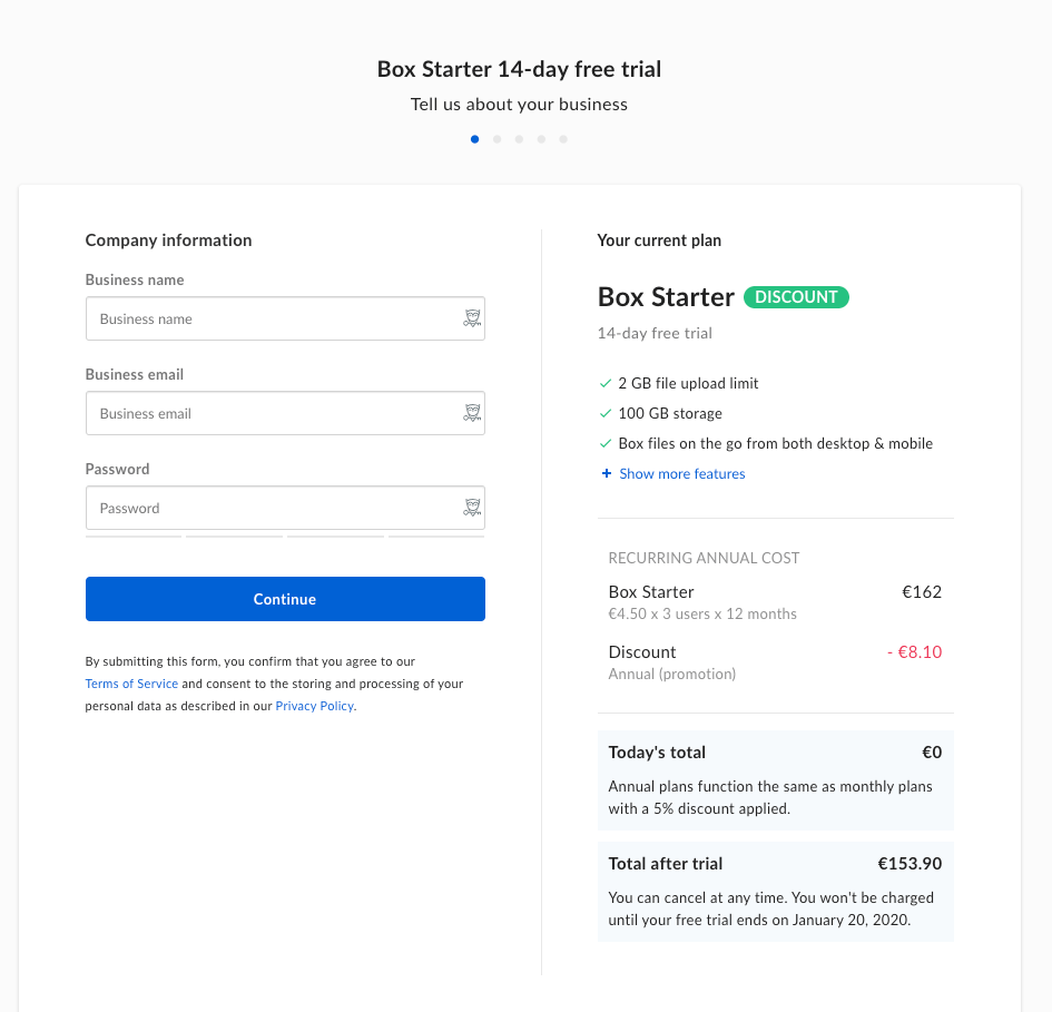 Box's sign up form