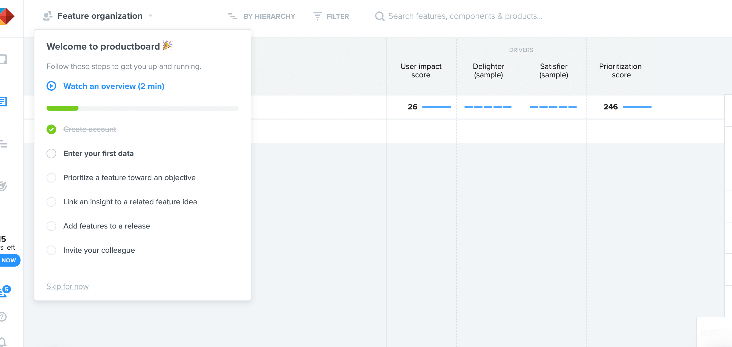 Productboard's onboarding checklist