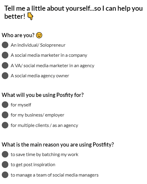 écran de bienvenue de microsurvey postfity