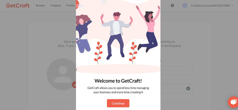 GetCraft Profile welcome screen userpilot