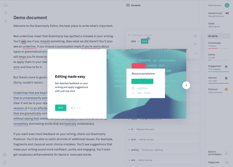 Grammarly highlights editing tool