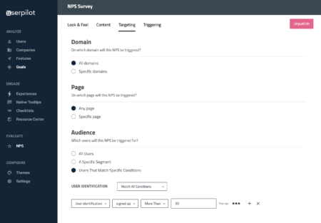 nps trigger and targeting in Userpilot dashboard