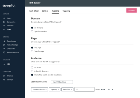 trigger et ciblage nps dans le tableau de bord Userpilot