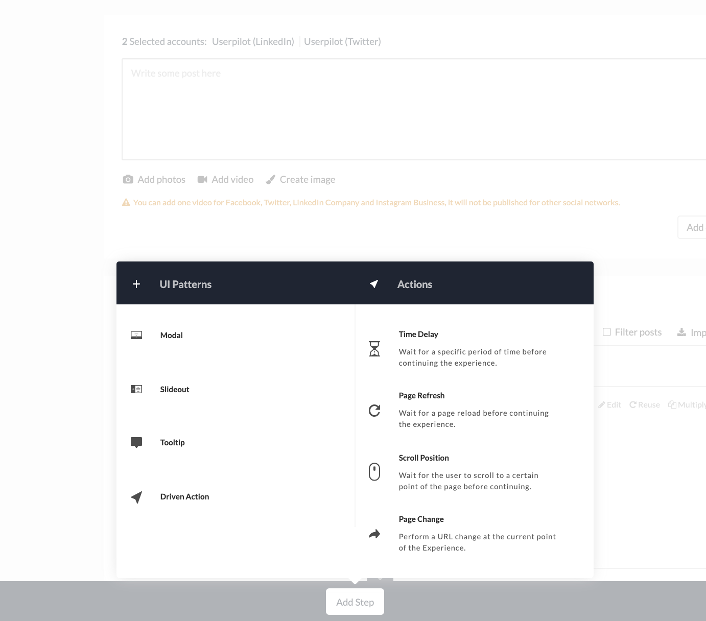 Userpilot UI patterns and actions for Product Tours