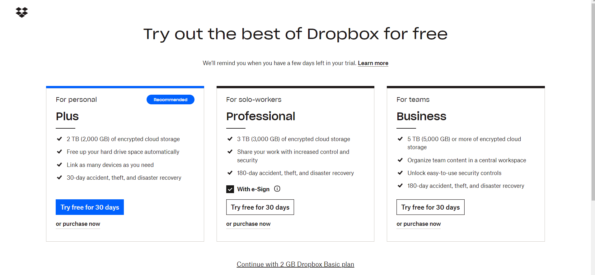 Duração da avaliação gratuita do Dropbox