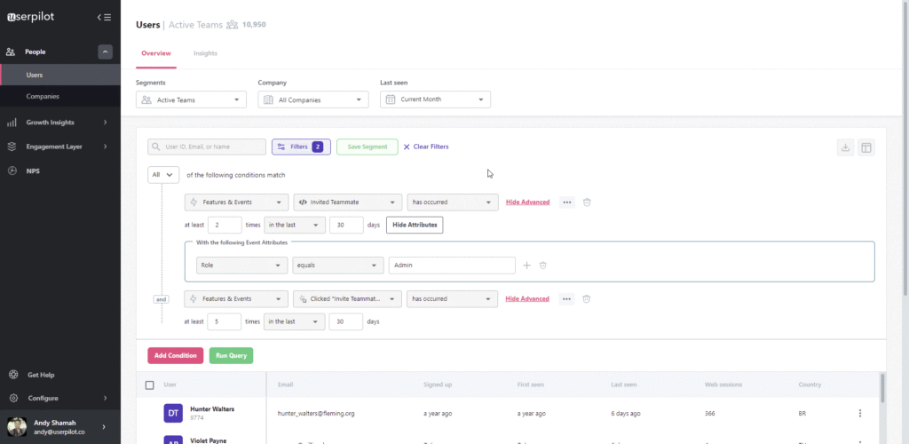 budowanie segmentów użytkowników w userpilot dashboard