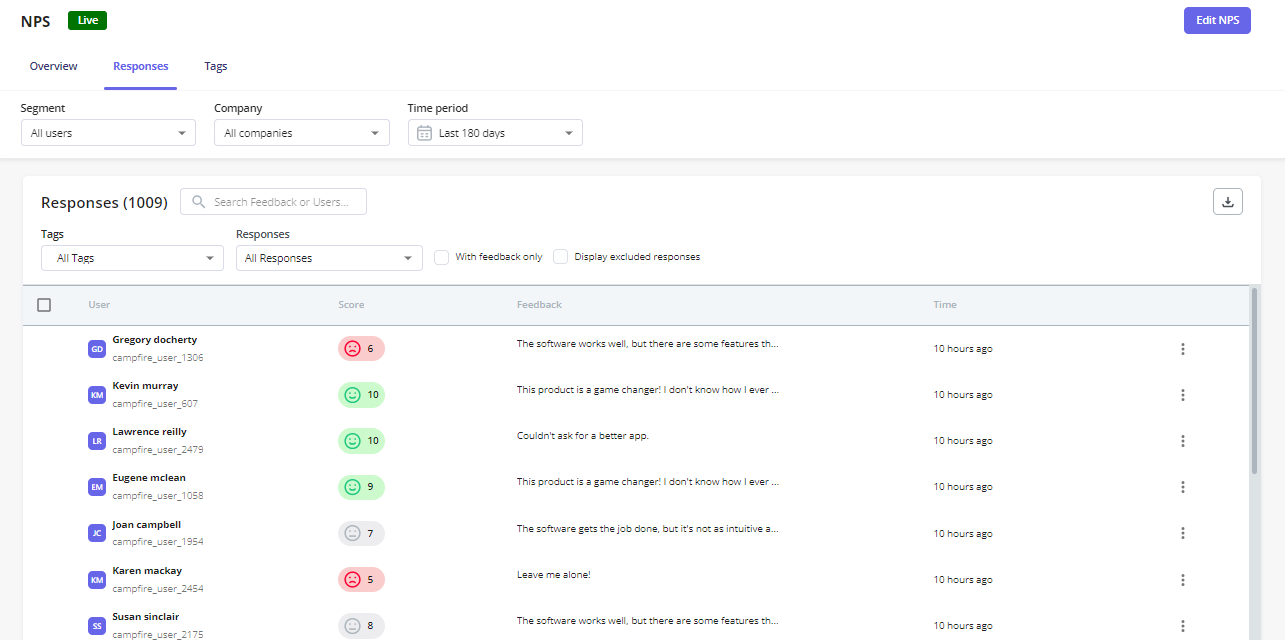 NPS survey responses in Userpilot