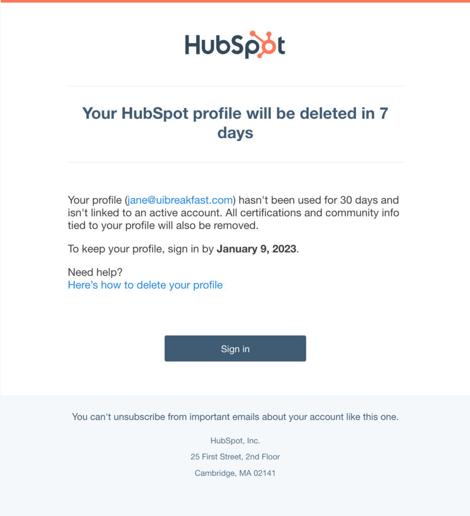 Hubspot account deactivation email - how to reengage inactive customers