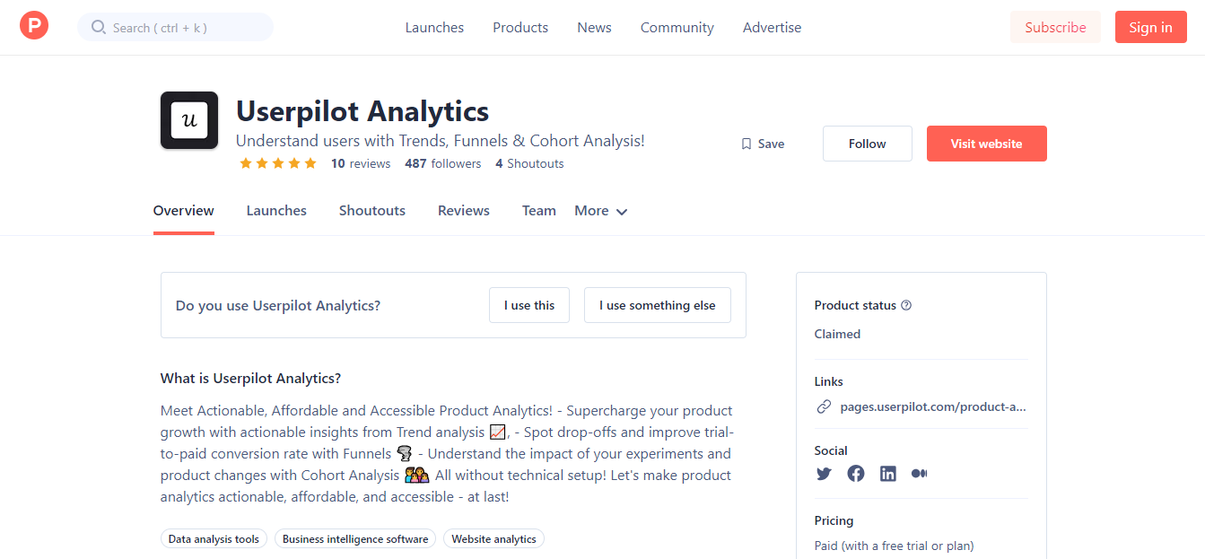 Userpilot Analytics on Product Hunt