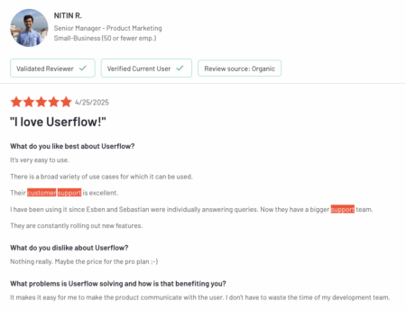 userflow testimonial support