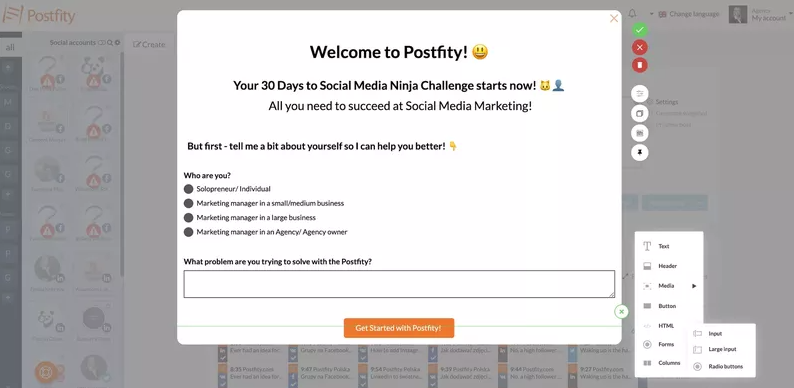 Postfity welcome screen for improving marketing funnel KPIs