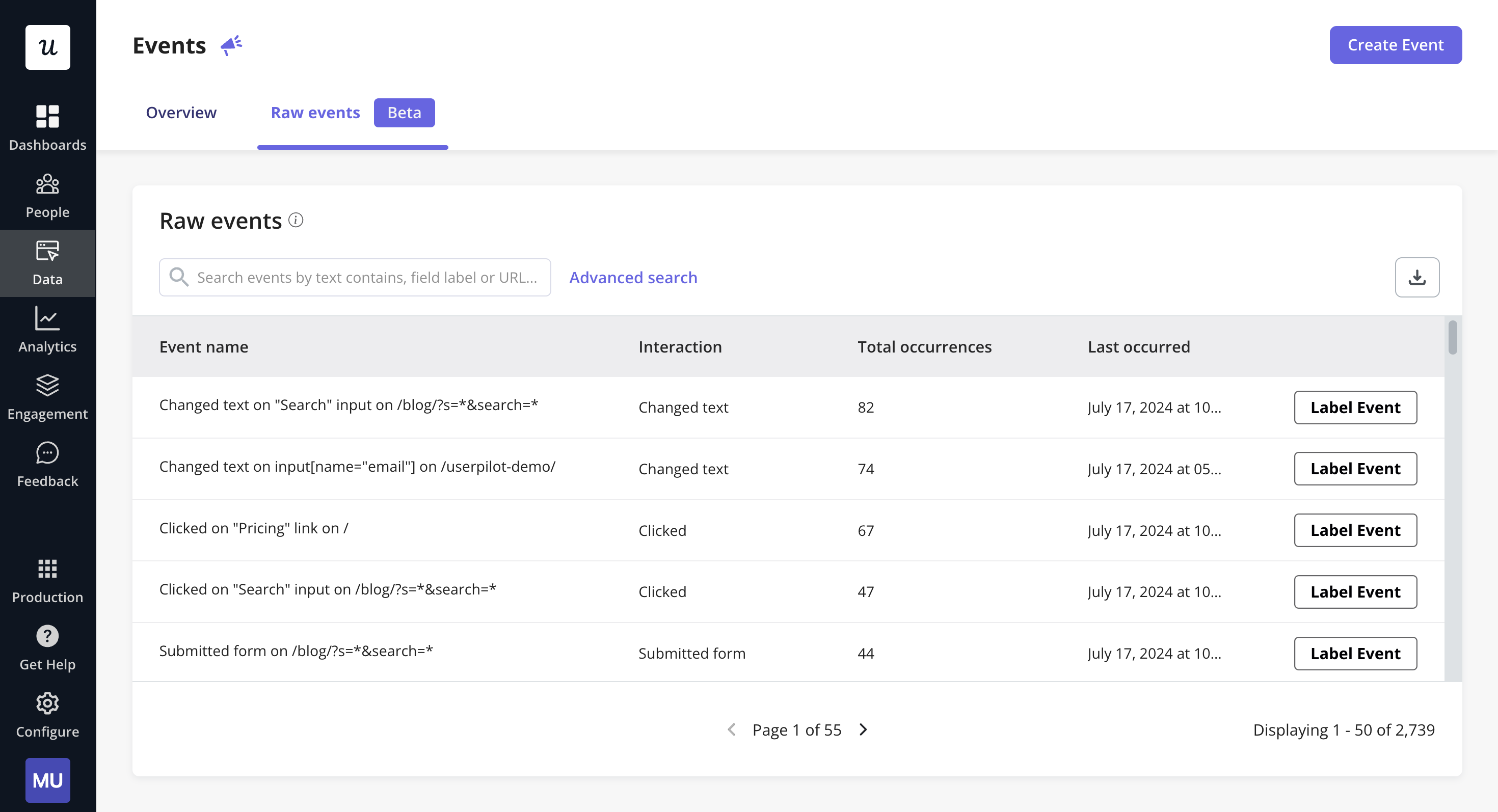 Events dashboard in Userpilot.