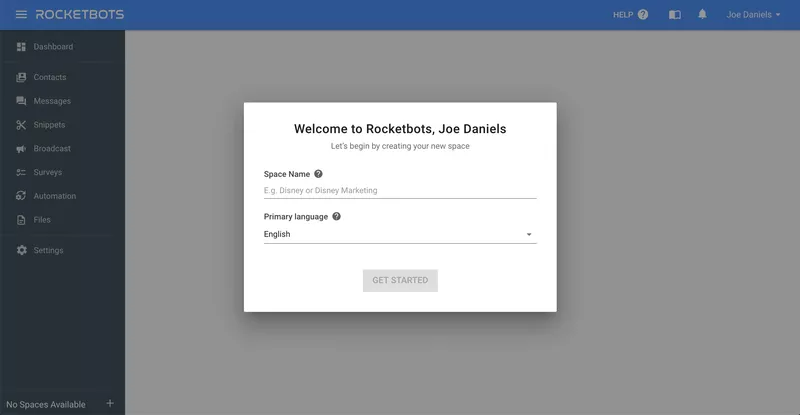 Rocketbots asking for signup information before an interactive walkthrough