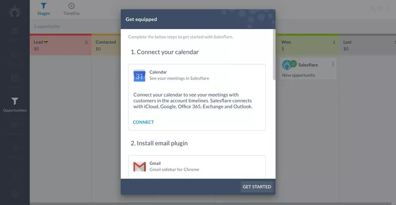 Salesflare modal asking users to connect different services and apps