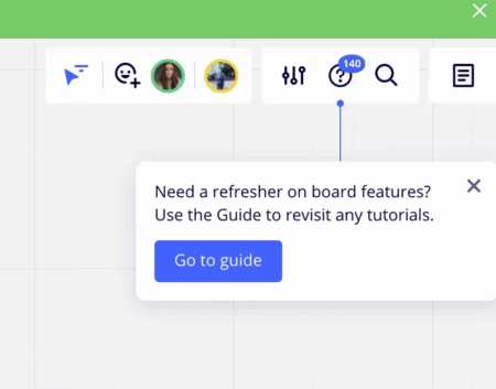 Miro encouraging users to check out guides on advanced features with a tooltip.