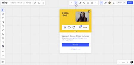 Miro using a tooltip to prompt users to try a paid feature by upgrading their current plan.