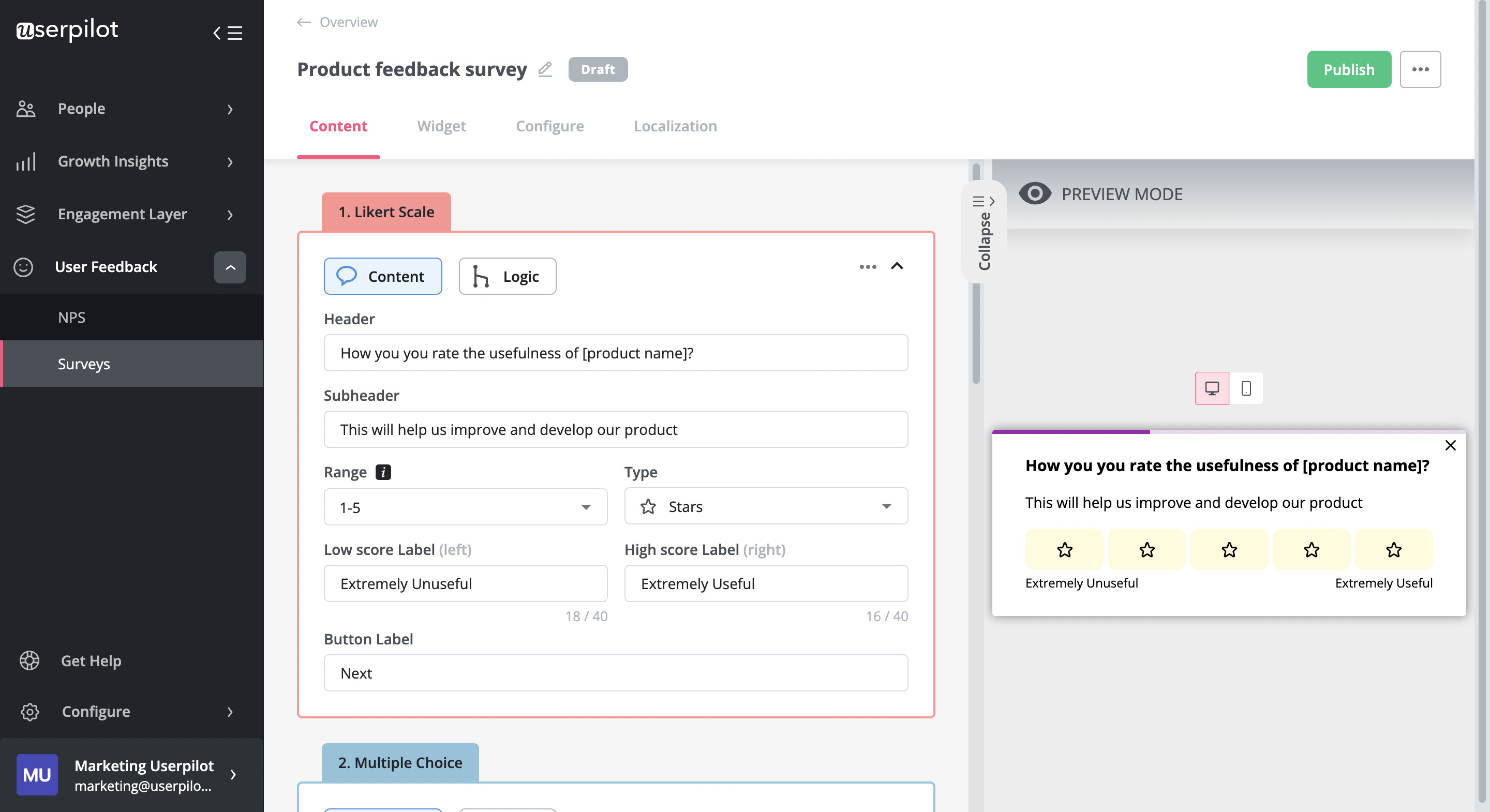 Product survey with Likert scale question in Userpilot.