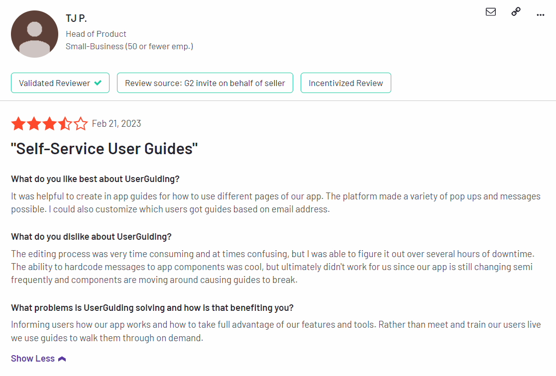 User feedback about UserGuiding