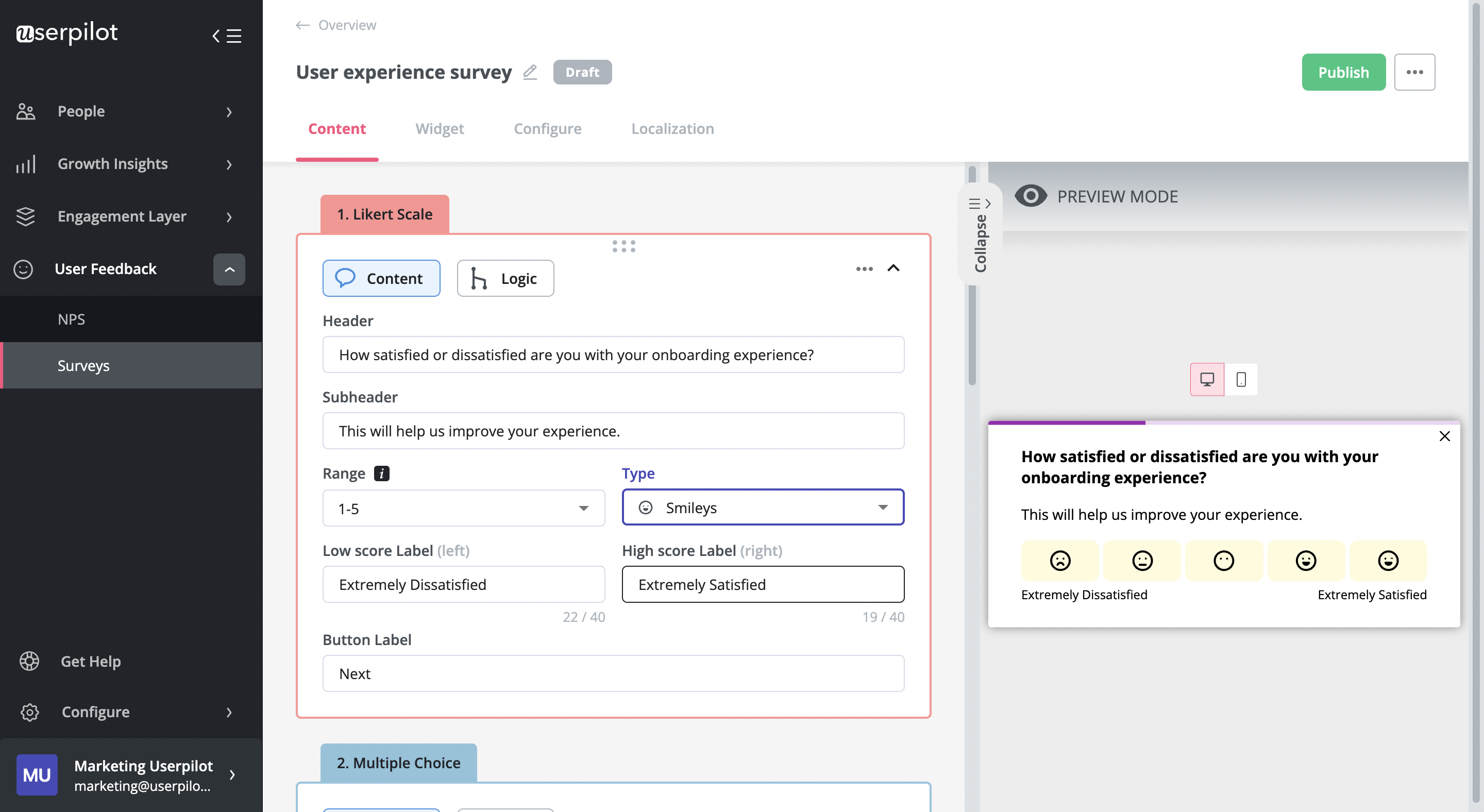 Userpilot onboarding experience with Likert scale question.