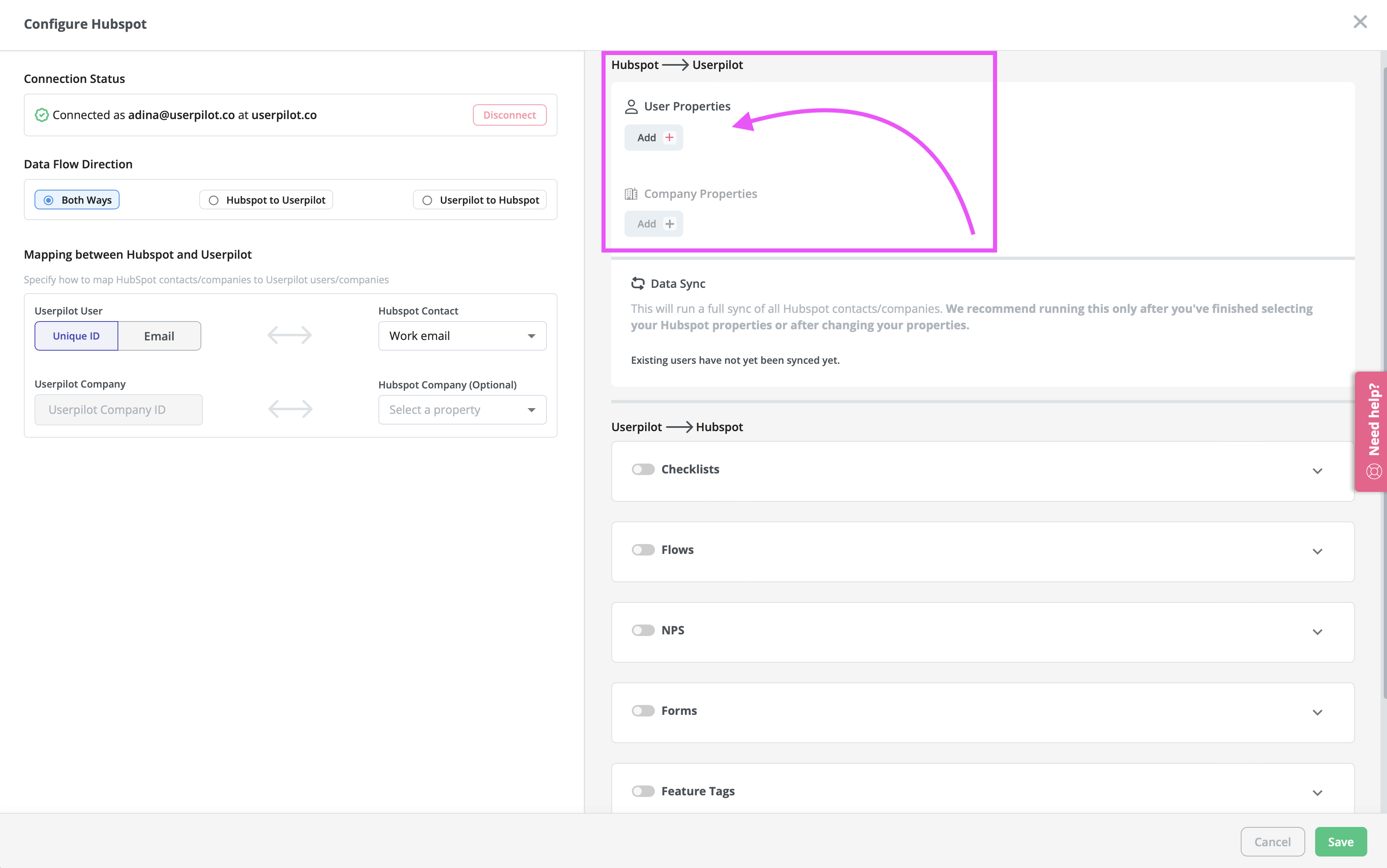 Integrate Hubspot with Userpilot to send event-based emails