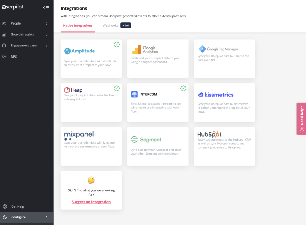 available integrations in Userpilot