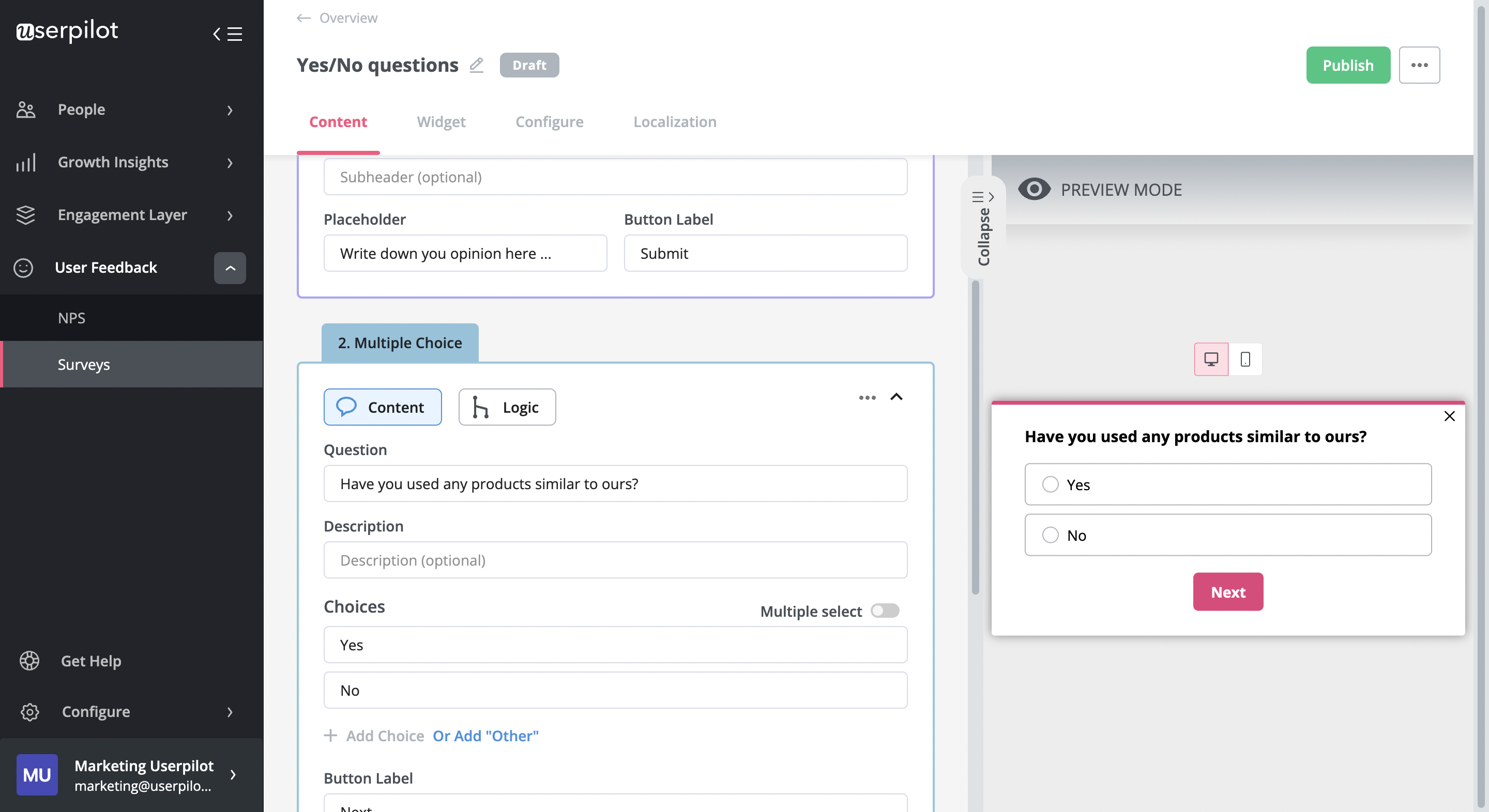 Create yes/no question survey in Userpilot