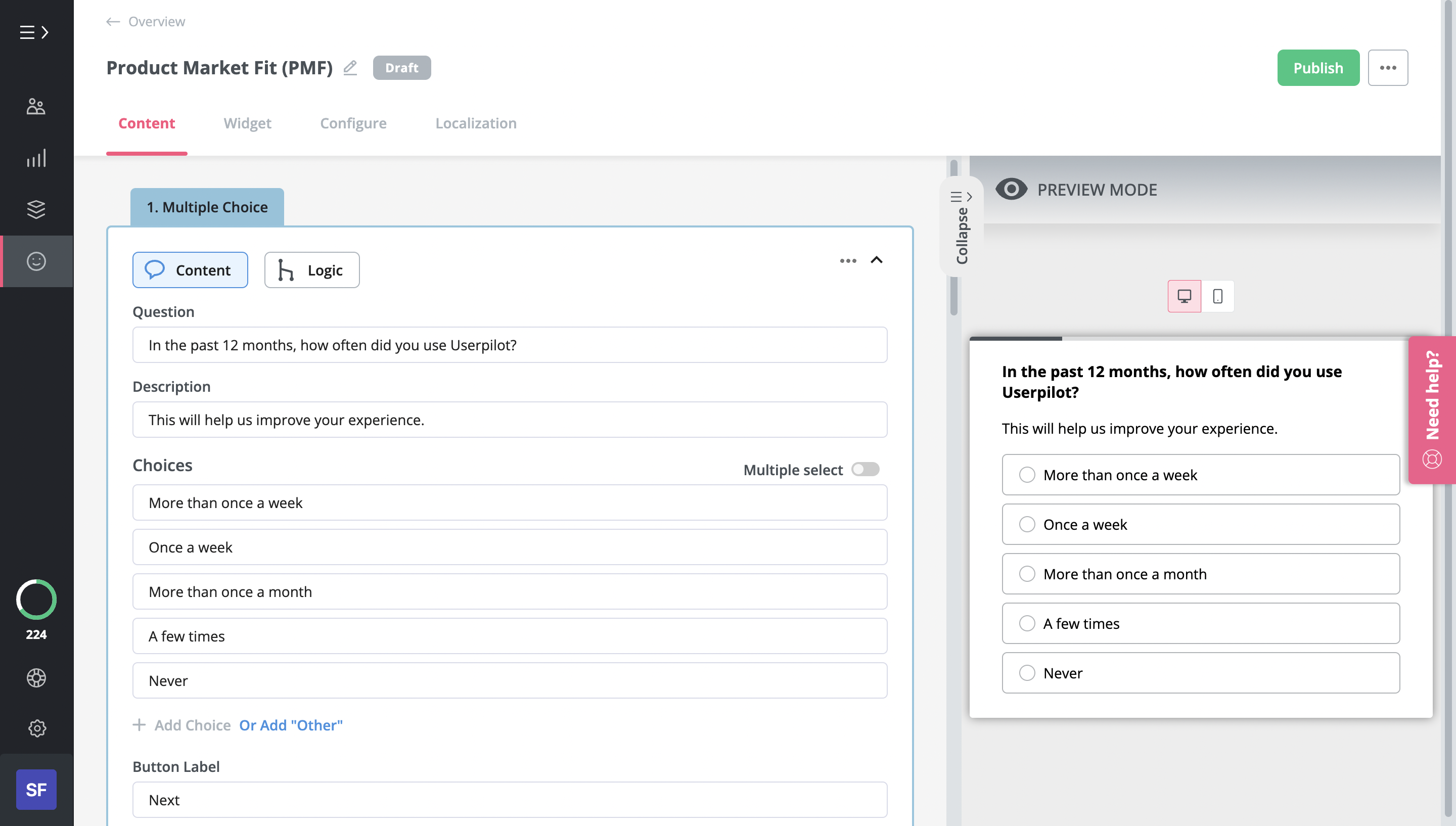 Editing a PMF survey in Userpilot