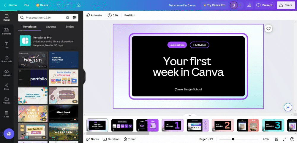 Canva uses a presentatio to tech users how to create with Canva