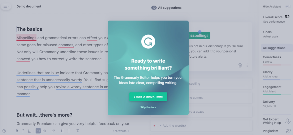 Grammarly invites users to a quick tour to showcase product functionality in a demo document.