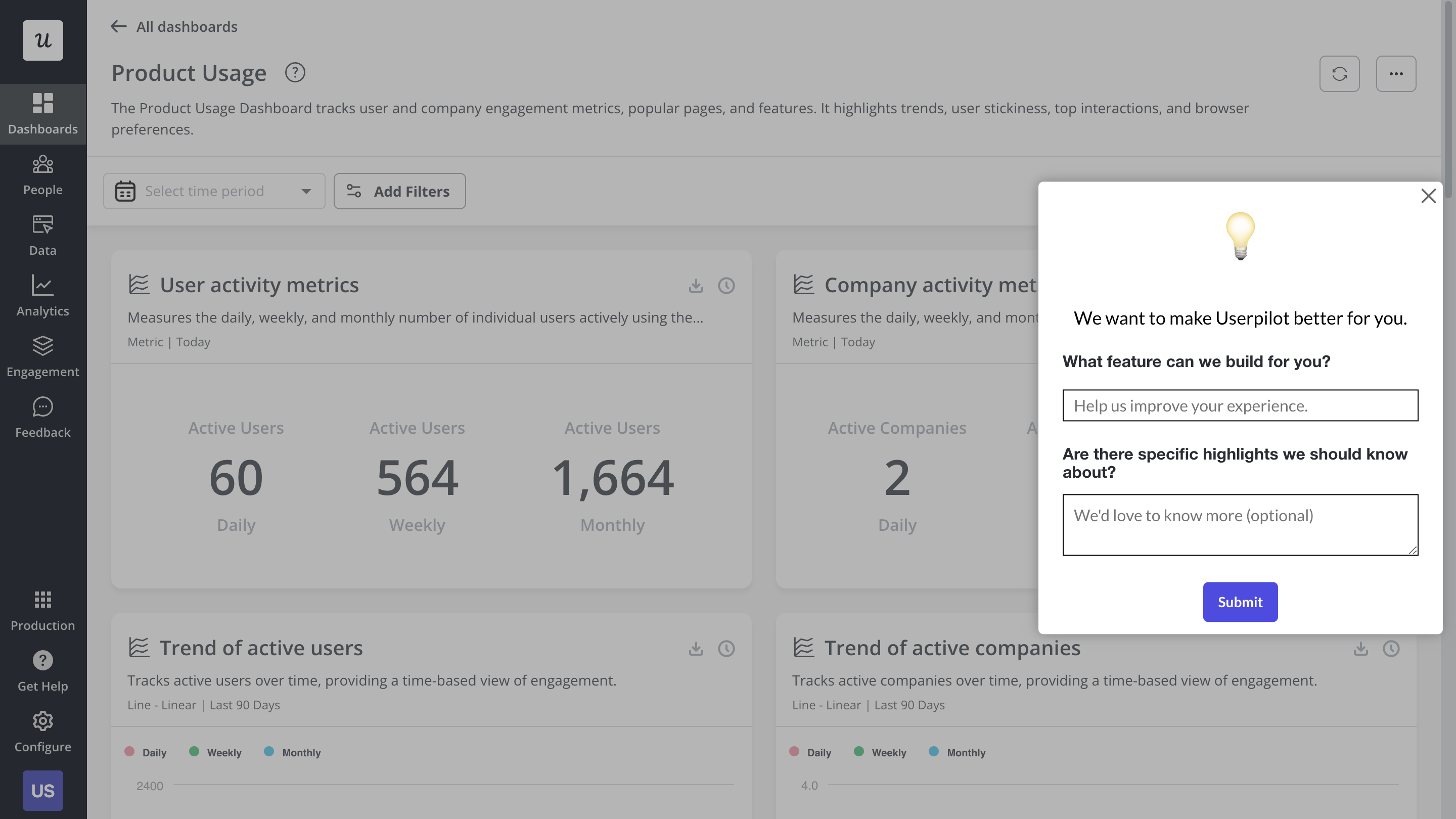 Feature request survey in Userpilot