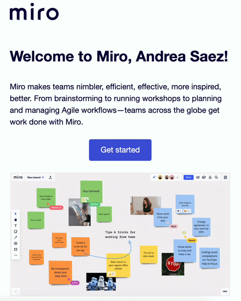 Welcome email example from Miro