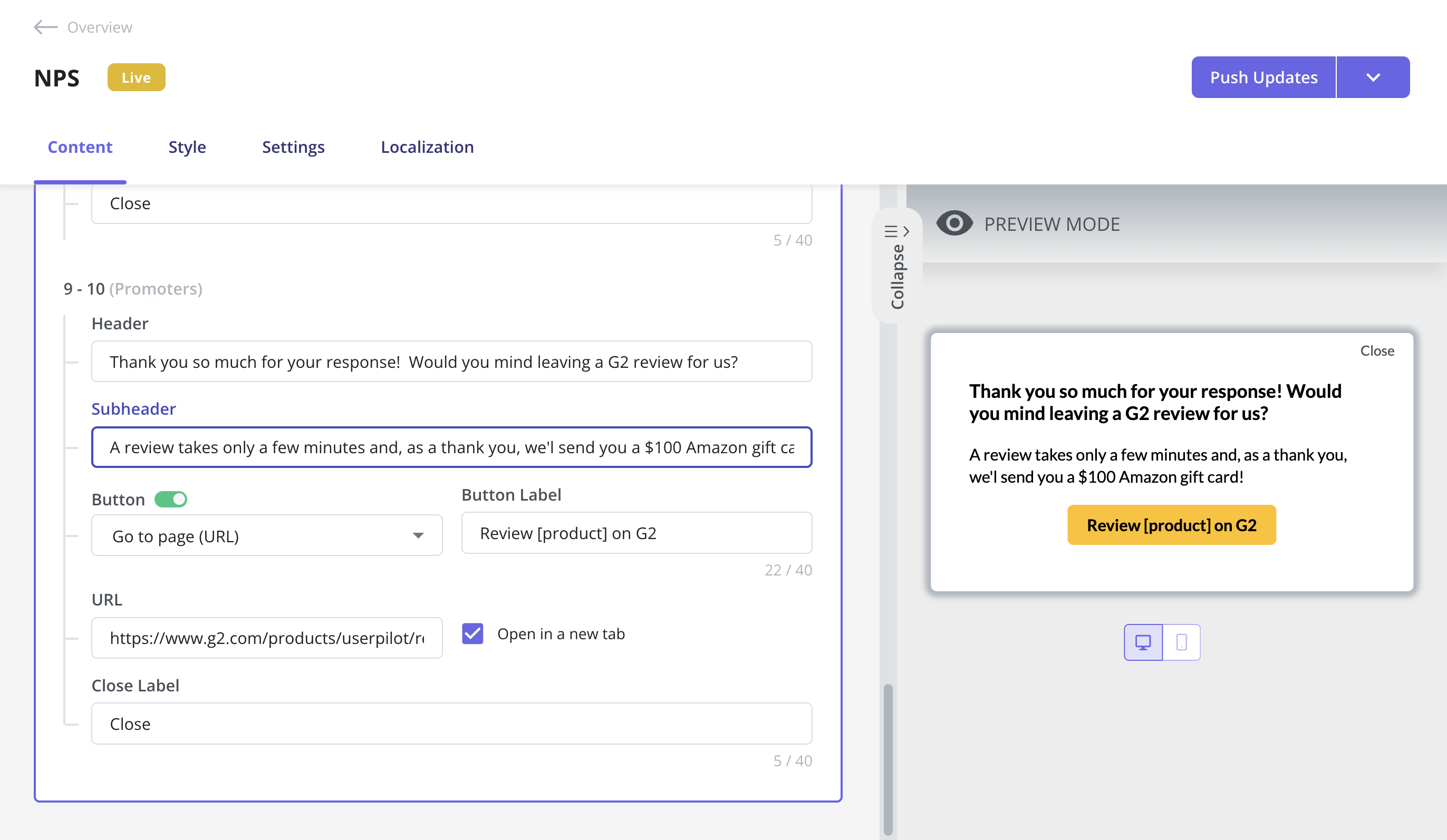 Create conditional NPS follow up with Userpilot