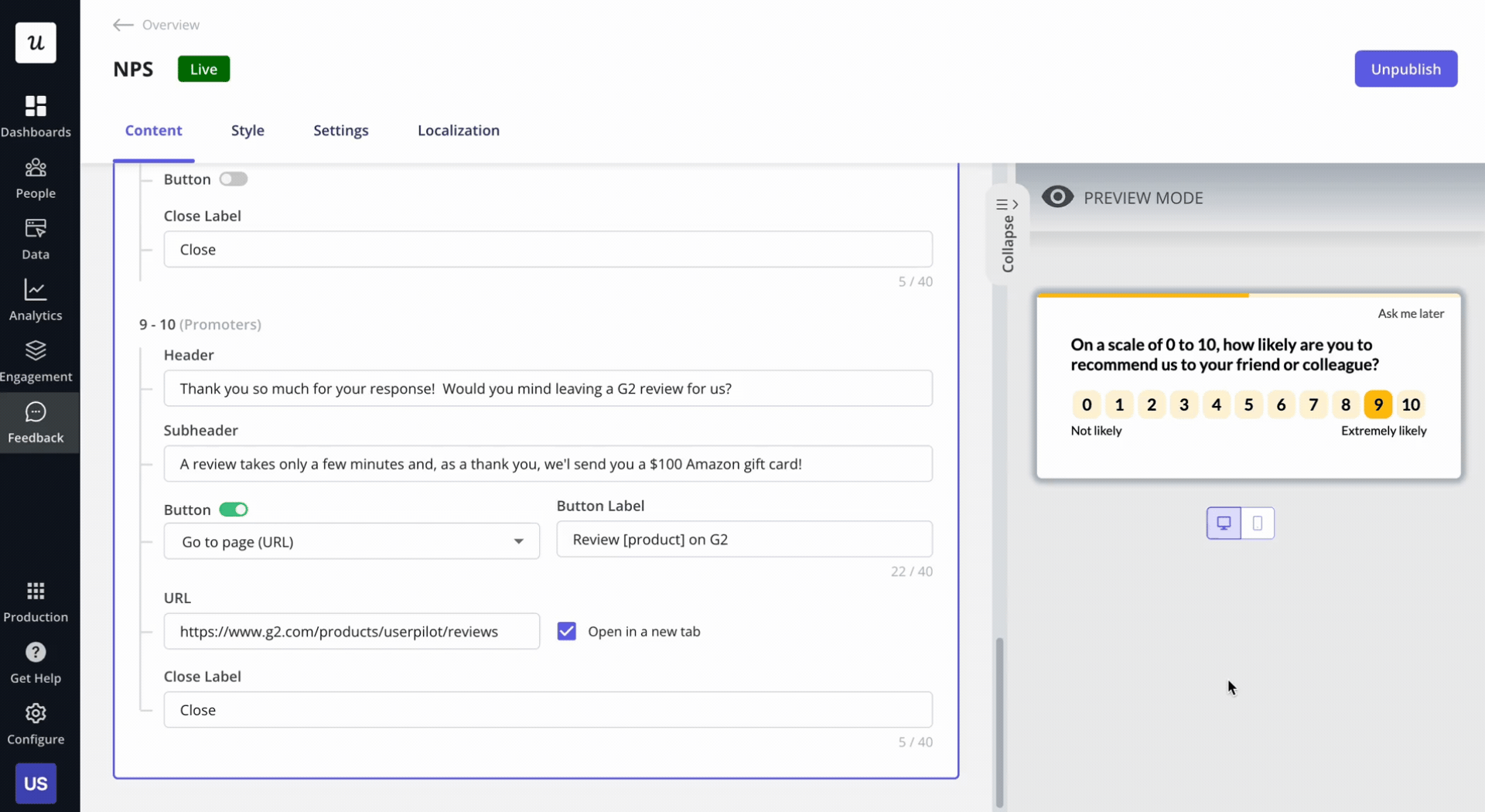 Create NPS follow-up questions with Userpilot code-free.