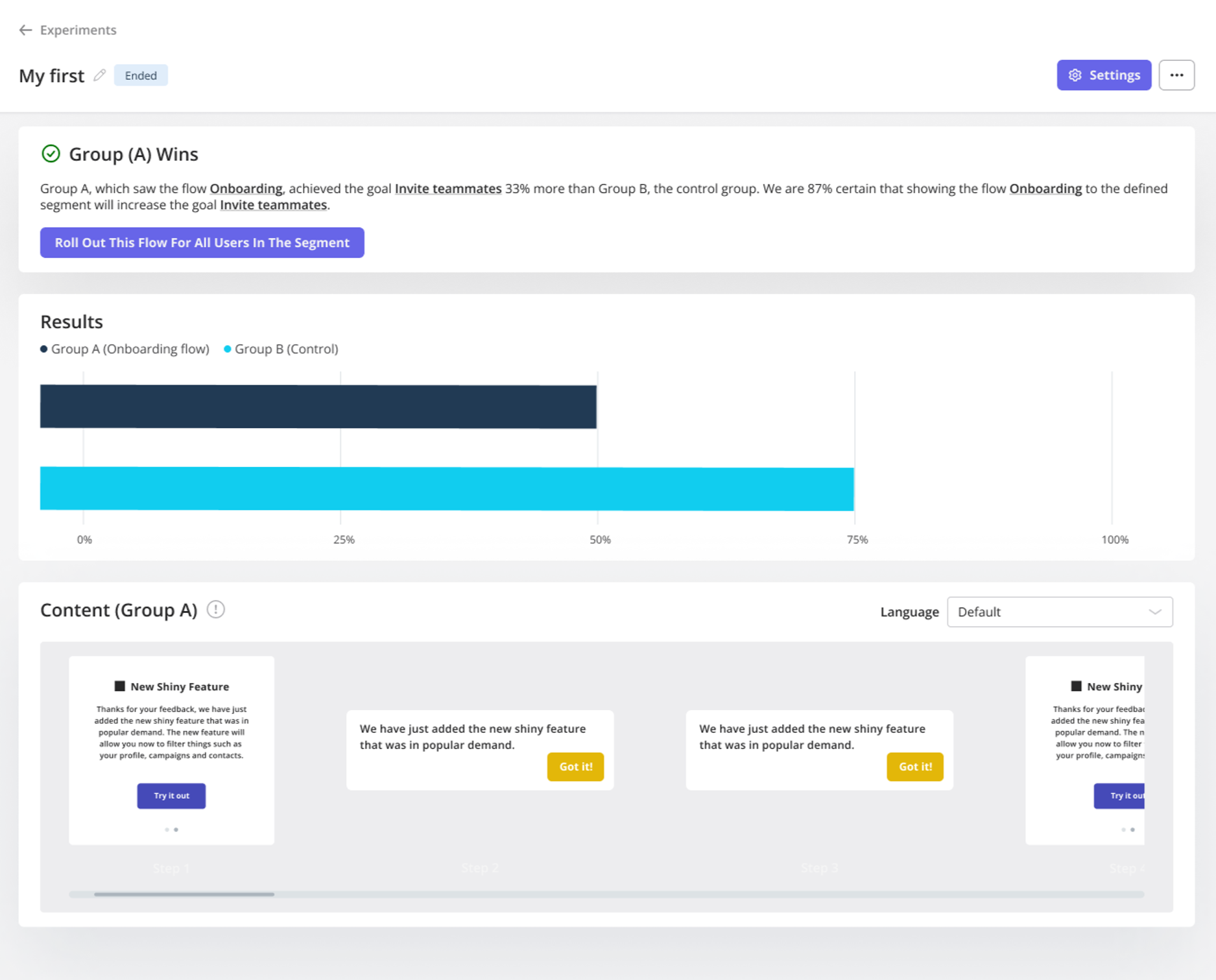 A/B testing results in Userpilot