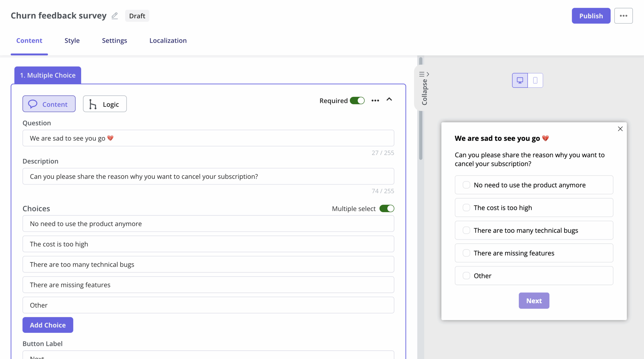 churn survey userpilot