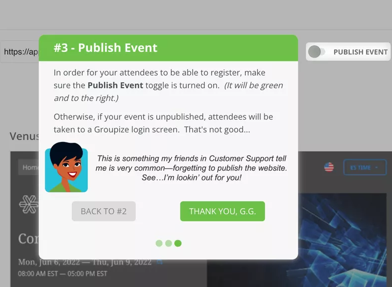 Groupize user onboarding: Publish event modal