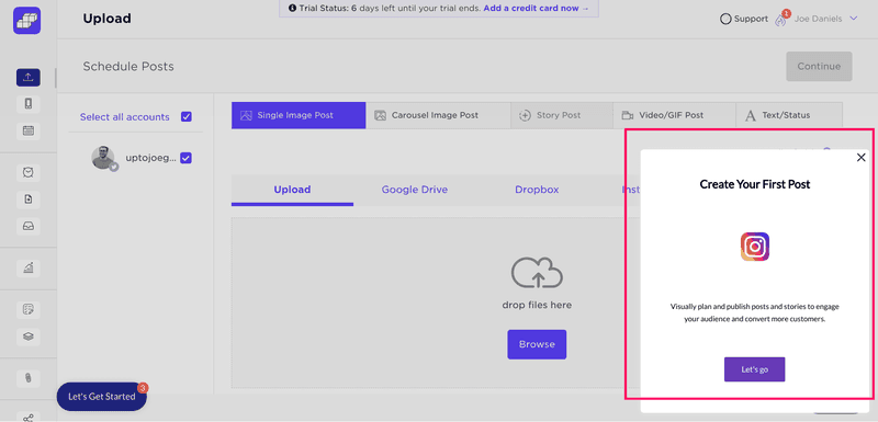 Sked Social modal for the second task created with Userpilot