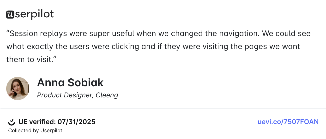 user review of userpilot session replay