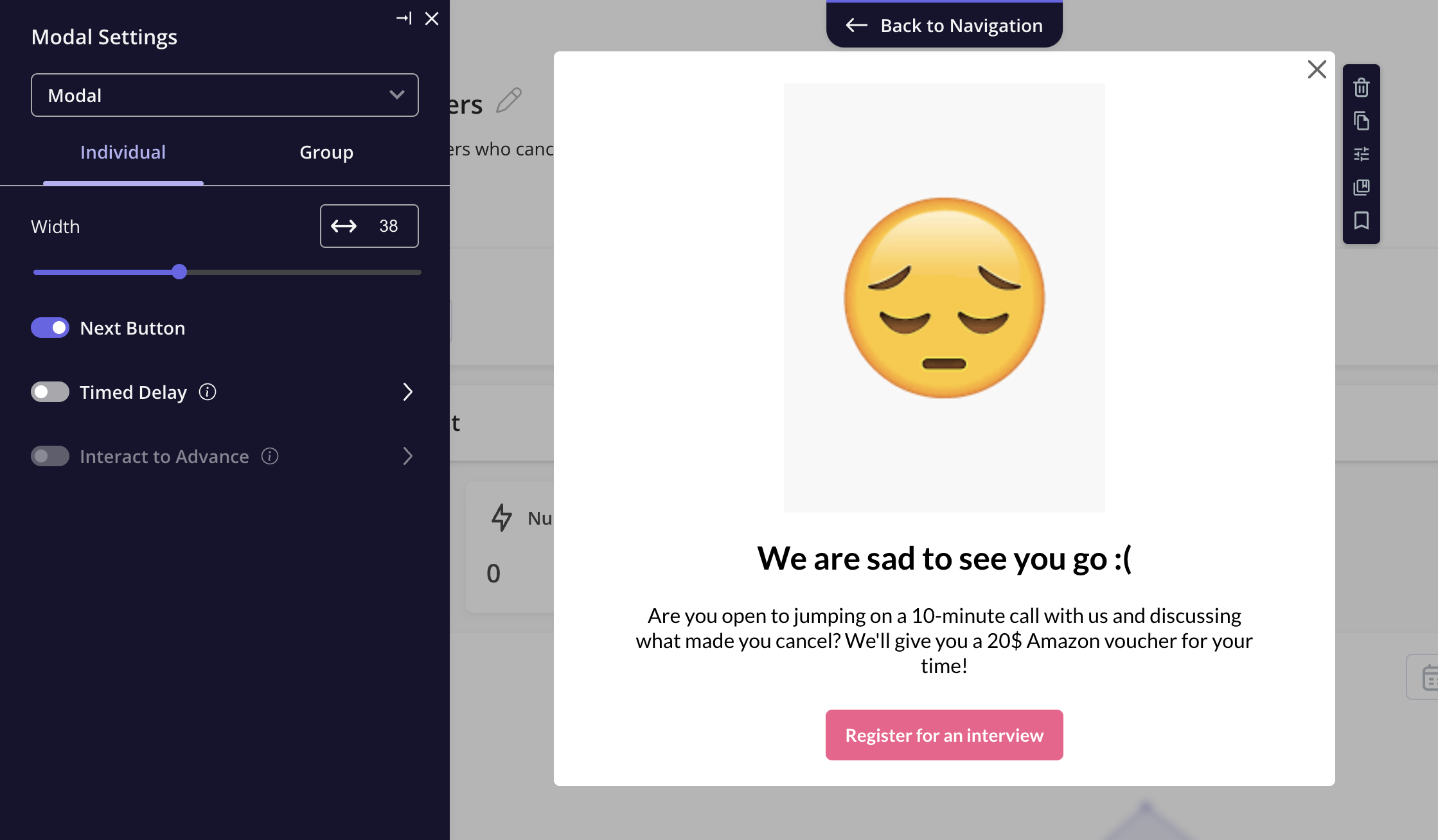 Churn interview modal built with Userpilot.