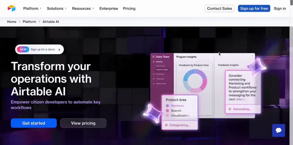 Airtable AI's dedicated webpage