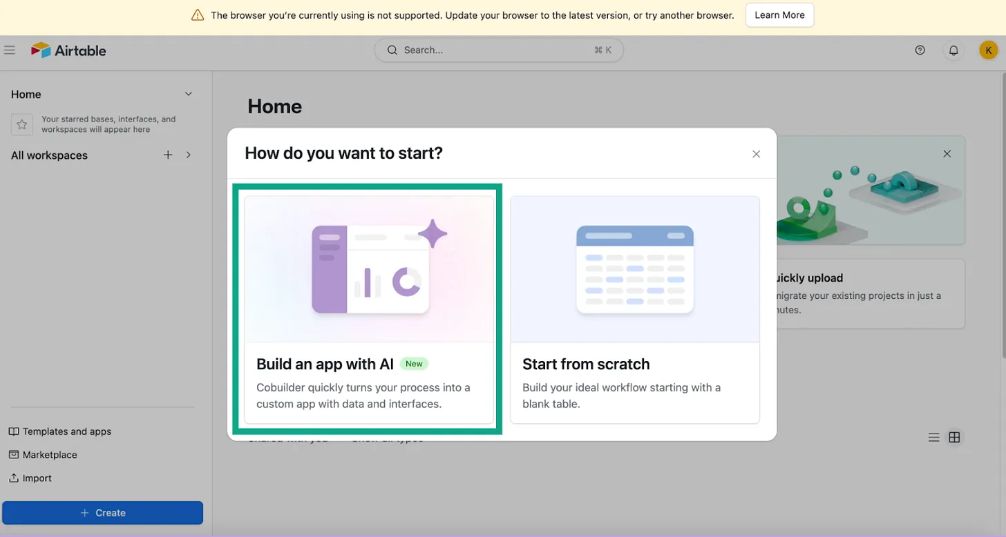 Airtable AI's entry point on dashboard