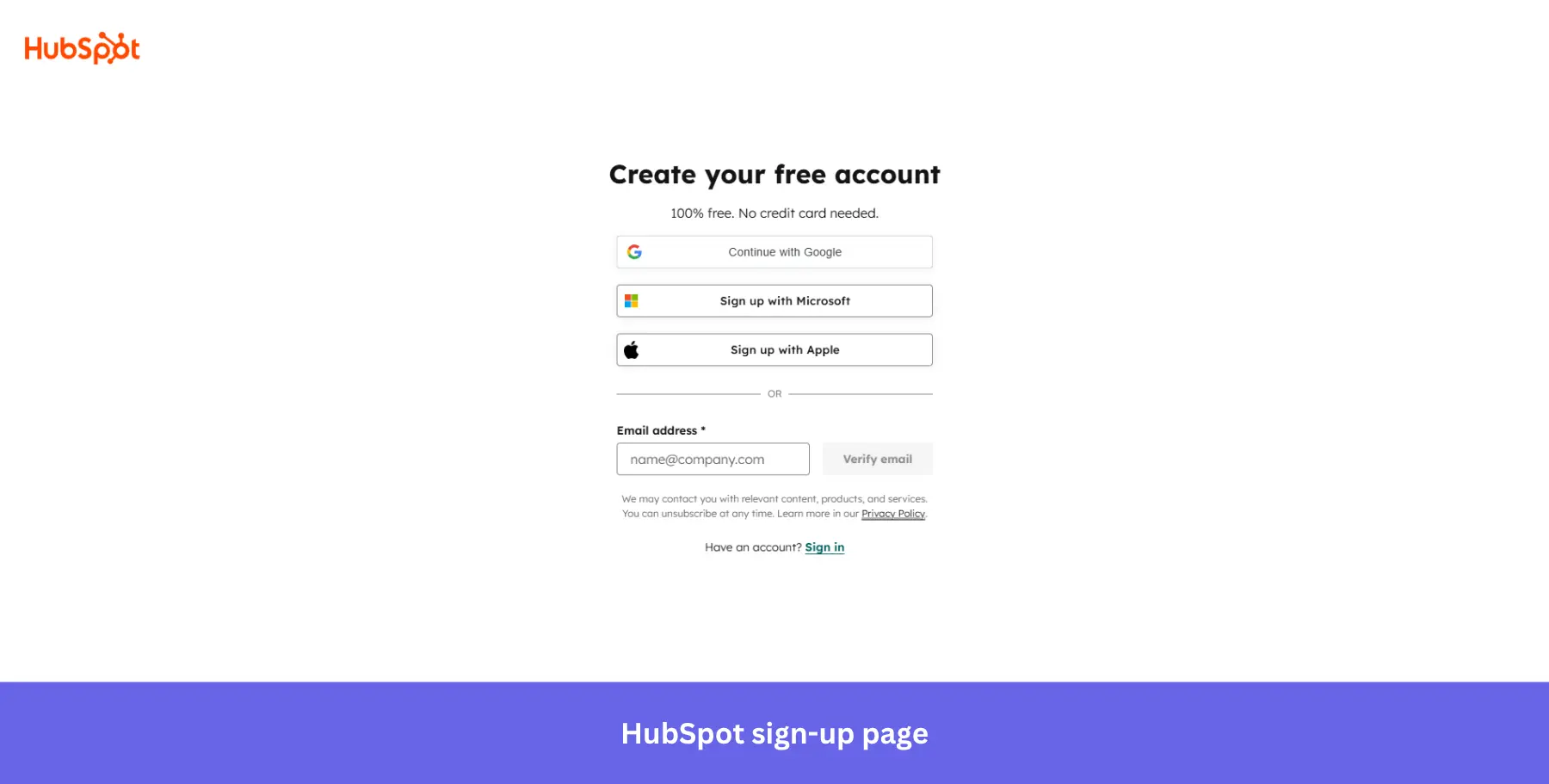 HubSpot sign-up page