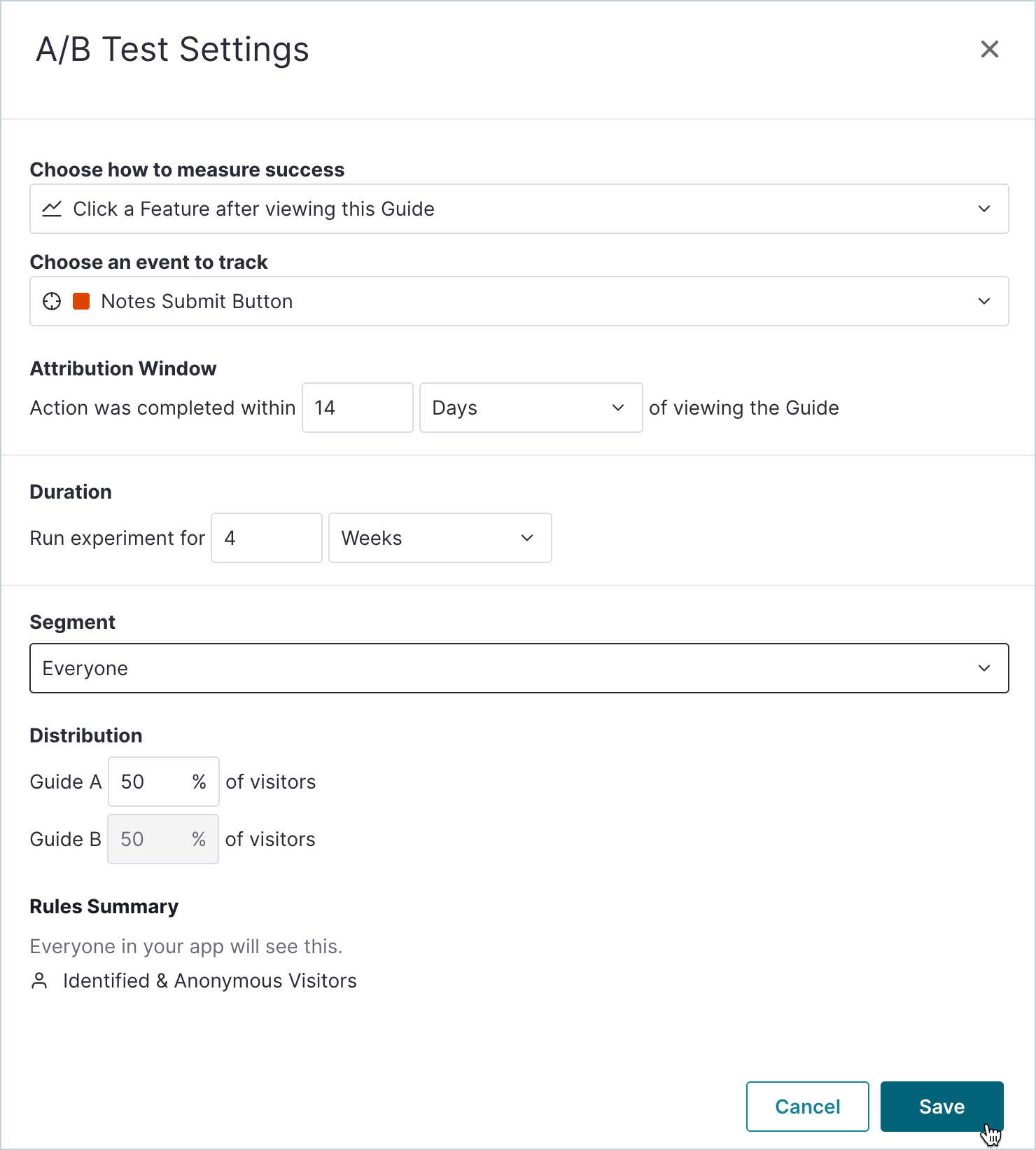 A/B test settings in Pendo