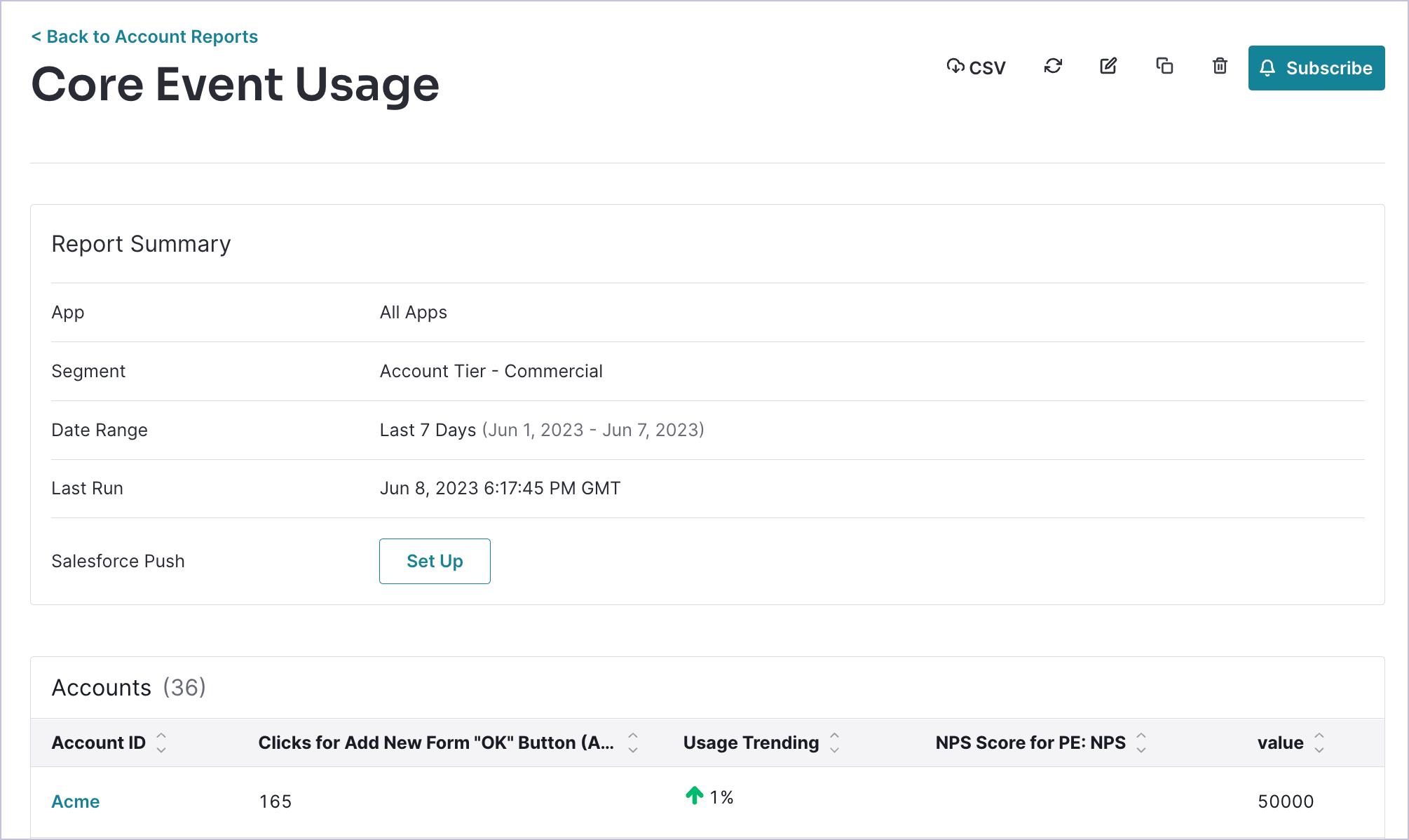 Pendo Core Event usage report