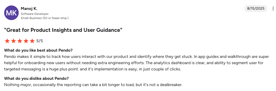 Pendo G2 review user insights