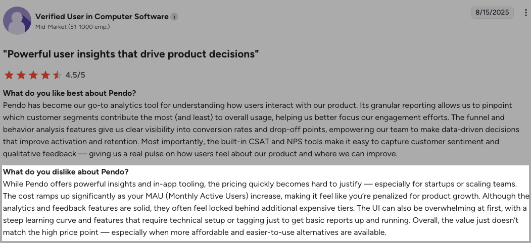 Pendo negative review steep pricing