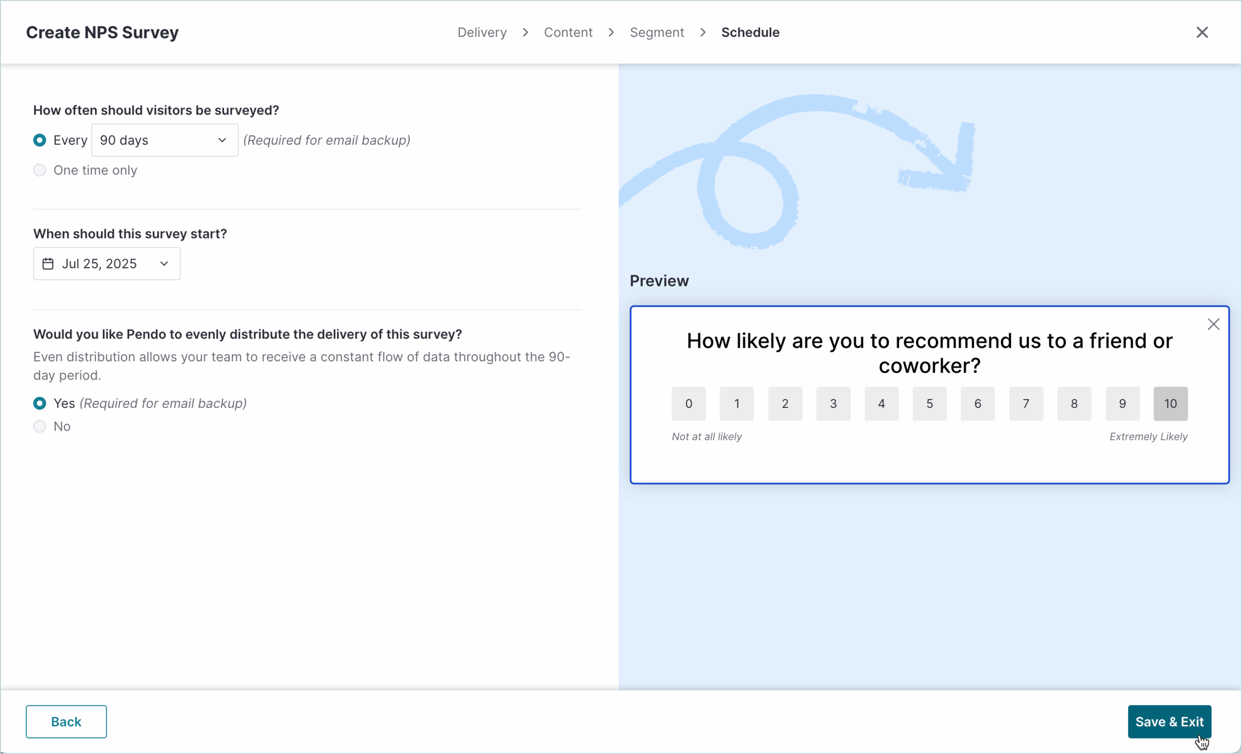Pendo NPS survey creation settings