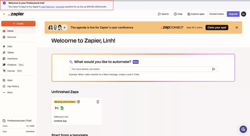 Zapier upsell example