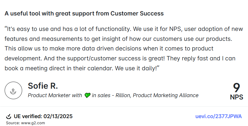 Testimonial from a Userpilot user.