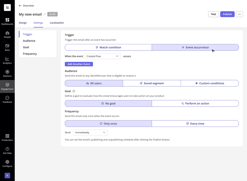 Userpilot email trigger settings for automation.